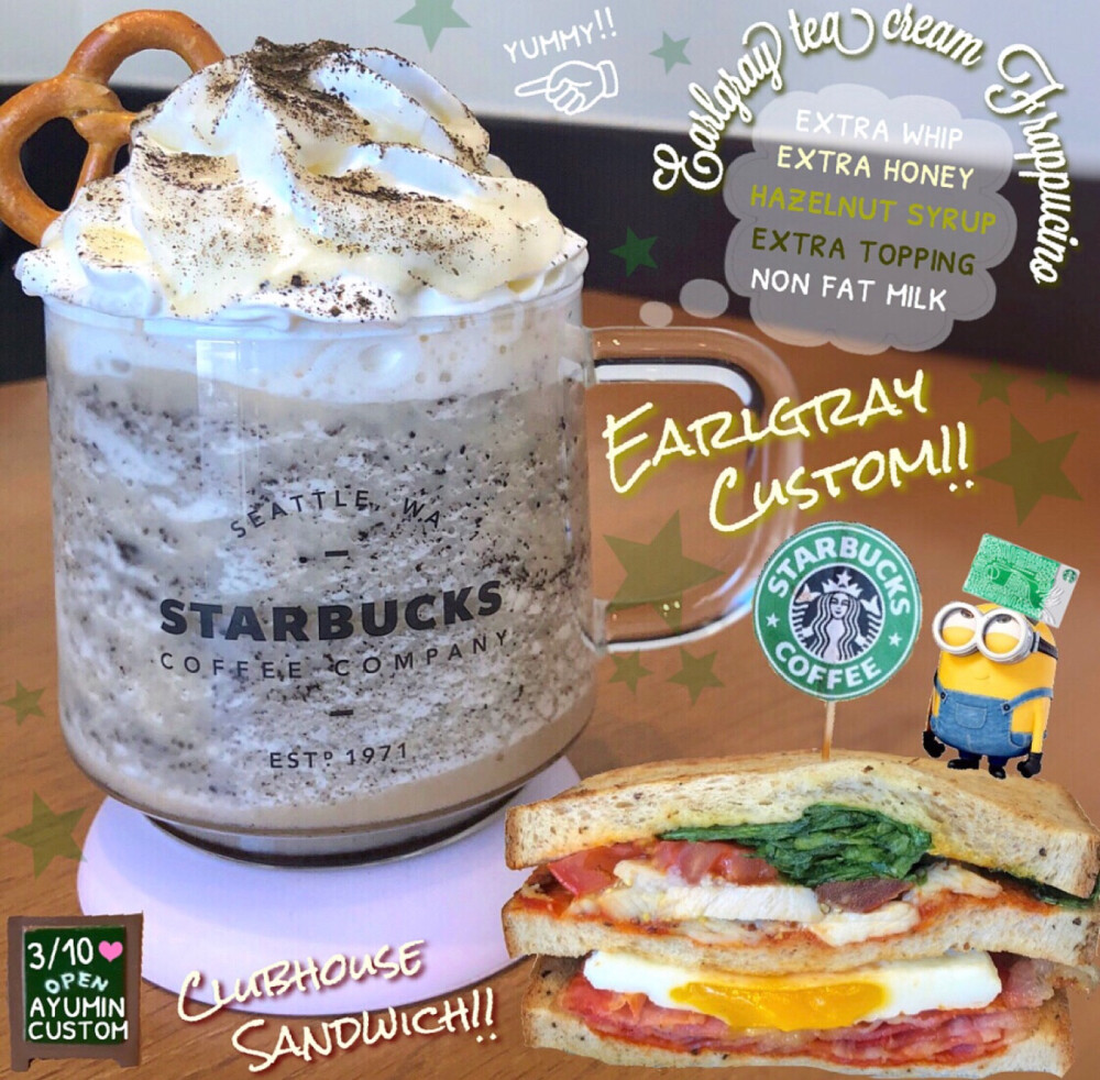 STARBUCKS——⬅️EARLGRAY CUSTOM:EXTRA WHIP+EXTRA HONEY+HAZELNUT SYRUP+EXTRA TOPPING+NON FAT MILK➡️CLUBHOUSE SANDWICH