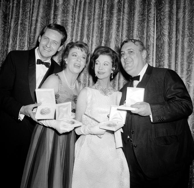 Here are Tony award winners! From left, Zero Mostel, Vivien Leigh, Uta Hagen and Arthur Hill pose with their medallions presented by the American Theater Wing during the Tony Awards in New York City on April 28, 1963.