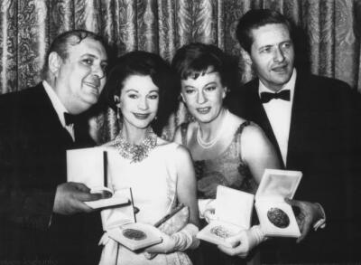 Here are Tony award winners! From left, Zero Mostel, Vivien Leigh, Uta Hagen and Arthur Hill pose with their medallions presented by the American Theater Wing during the Tony Awards in New York City o…