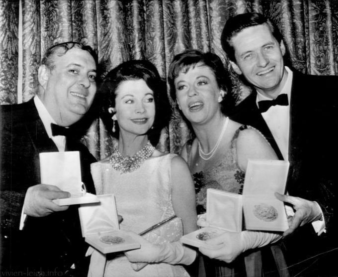 Here are Tony award winners! From left, Zero Mostel, Vivien Leigh, Uta Hagen and Arthur Hill pose with their medallions presented by the American Theater Wing during the Tony Awards in New York City on April 28, 1963.