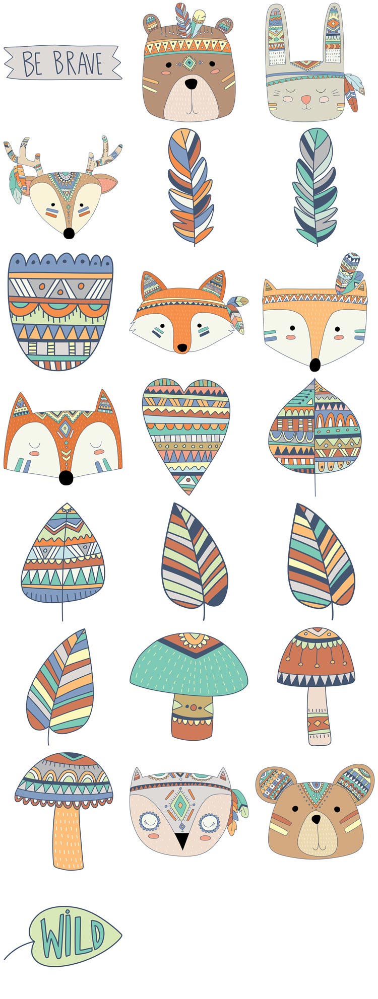 印第安卡通手绘可爱萌系森林动物部落元素png矢量素材模板设计