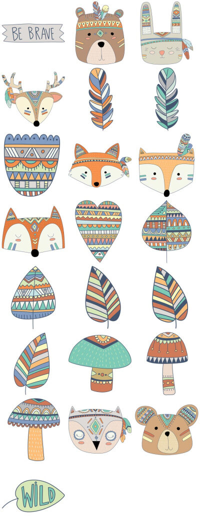 印第安卡通手绘可爱萌系森林动物部落元素png矢量素材模板设计