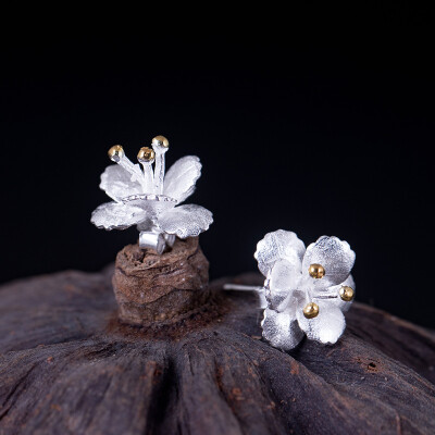 中国风复古风s925纯银木芙蓉花朵耳钉女立体小花文艺耳饰品防过敏