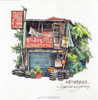 城市速写~#水彩# 作者：台湾艺术家Cheng Kai-Hsiang （转）via @水彩达人 ​