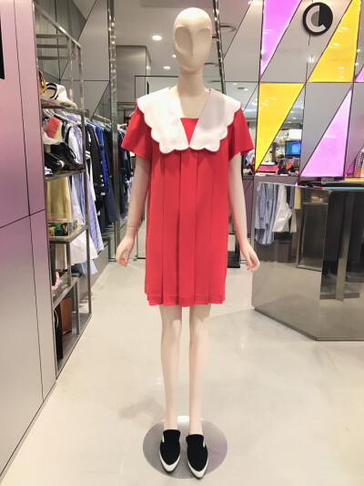 海军领刺绣百褶连衣裙中长款红色高档短袖裙