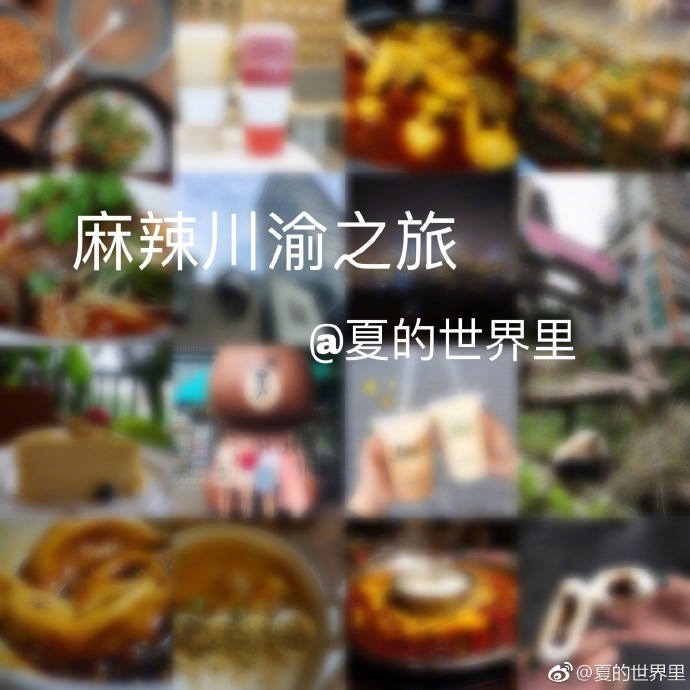 【川渝麻辣之旅】 作者：夏的世界里重庆+成都6天5晚自由行☞整理了去川渝旅行的日子，景点和美食我没有分开写，除了在我们住的附近的美食，基本上都是在景点附近或者是步行十分钟左右能到的地方，不用刻意跑很远。☞p1 写在前面☞p2—p4 重庆☞p6—p9 成都行程：day1️⃣ 鹅岭二厂—交通茶馆—四川美院—长江索道—解放碑步行街—洪崖洞day2️⃣ 磁器口—懒鱼时光馆—皇冠大扶梯—南山一棵树day3️⃣ 李子坝轻轨站—成都day4️⃣ 大熊猫繁育研究基地—IFS—方所书店—太古里day5️⃣ 杜甫草堂—无早小食—宽窄巷子—锦里day6️⃣ 随便逛逛☞川渝美食真的太多了，去一次完全不够的～