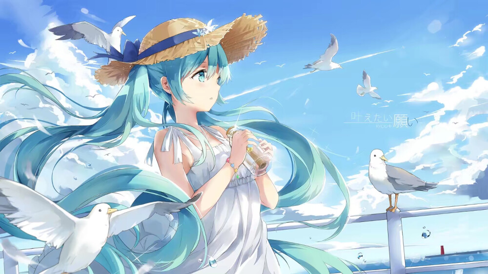 初音未来，夏日，清凉，海边，大海，海，清新，小清新，海鸥，鸟