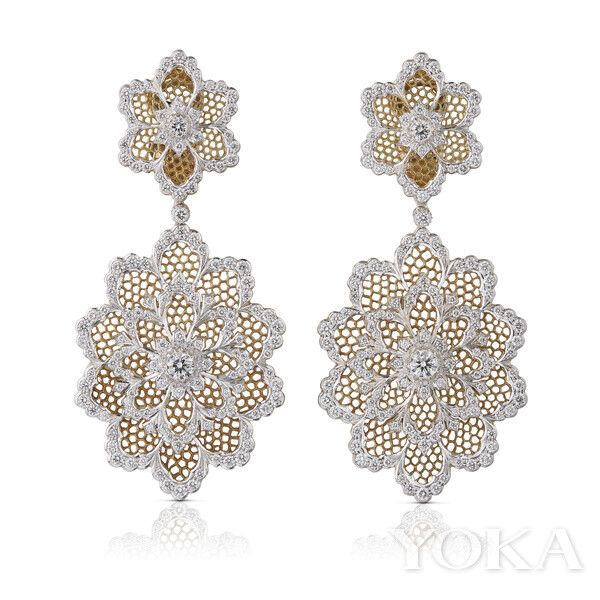 布契拉提（Buccellati）高级珠宝系列-Tulle“珠罗纱”18K金杏仁耳环，镶有290颗钻石。