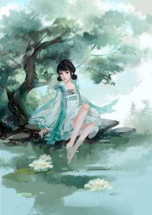 手绘古风青衣女子
