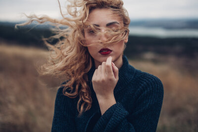 People 2400x1600 women model blonde red lipstick portrait women outdoors depth of field sweater looking at viewer hair in face