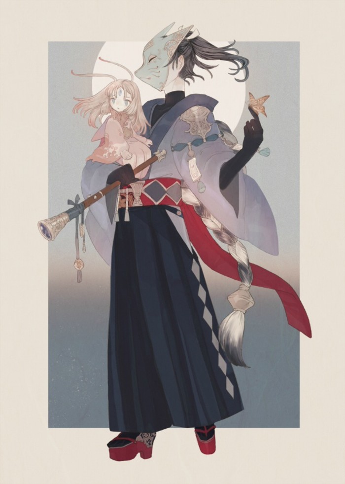 画师uyama蝶狐狸面具束发