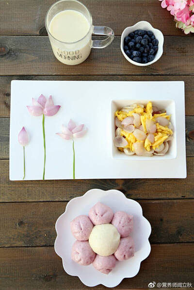 今日儿童营养早餐:花朵馒头、红葱头炒鸡蛋、燕麦豆浆、蓝莓。
早！[微笑]