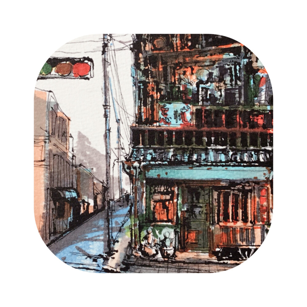 #马克笔手绘# （作者：卖艺老头的行头 ）边走边画，画街边小店，画路边小景。。。 ​