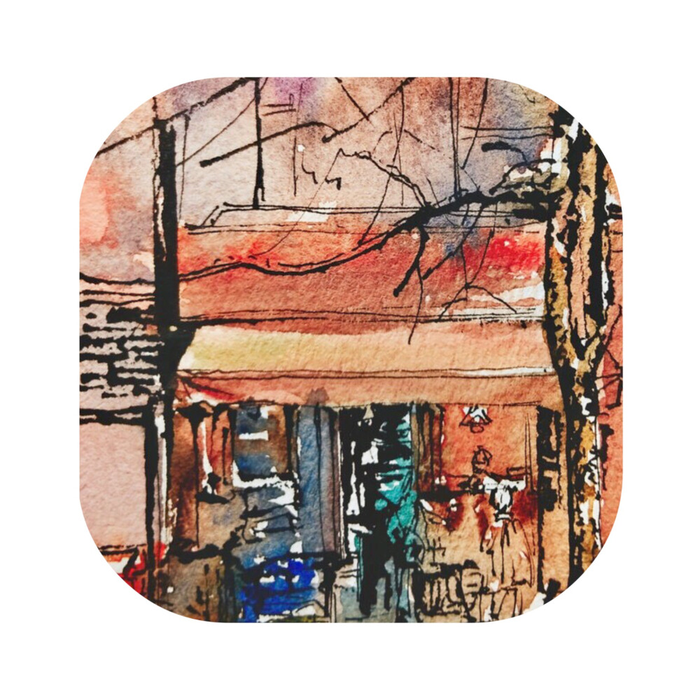 #马克笔手绘# （作者：卖艺老头的行头 ）边走边画，画街边小店，画路边小景。。。 ​