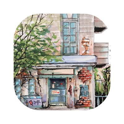 #马克笔手绘# （作者：卖艺老头的行头 ）边走边画，画街边小店，画路边小景。。。 ​