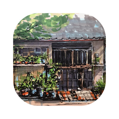#马克笔手绘# （作者：卖艺老头的行头 ）边走边画，画街边小店，画路边小景。。。 ​