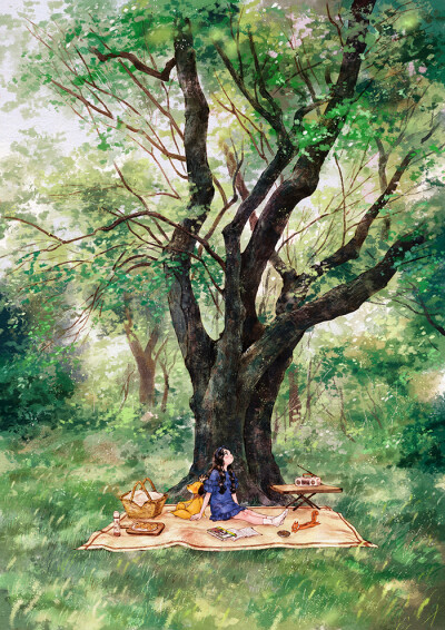 夏日的郊游…浓密的大树荫下，随风摇曳的绿意，令暑气骤减 ~ 来自韩国插画家Aeppol 的「森林女孩日记-2018」系列插画。