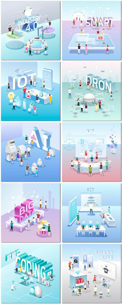2.5d未来商业科技时尚渐变色彩ai信息机器人手绘插画模板素材设计