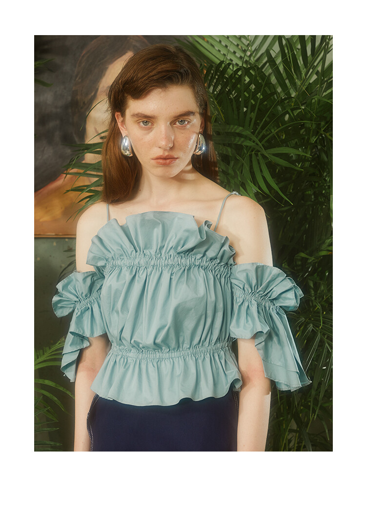 蝴蝶袖抽褶收腰薄荷绿短上衣evenvintage原创设计师品牌fw18