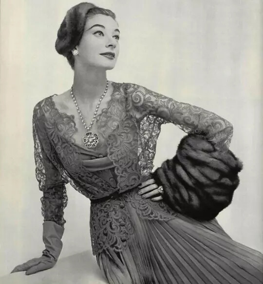 Jacques Fath dress & lace jacket, 1952.