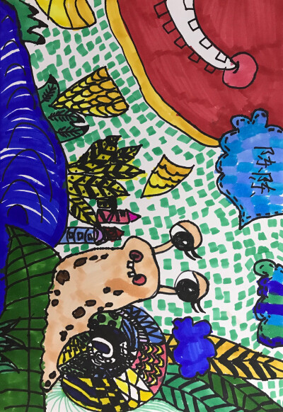 儿童画，蜗牛的世界
材料：素描纸，马克笔，勾线笔