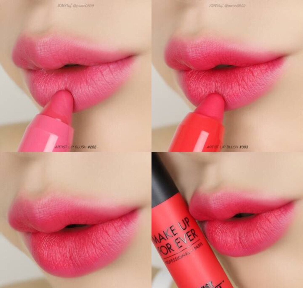 『MAKE UP FOR EVER』 LIP BLUSH唇膏笔试色分享
限定版的lip blush重新上市，推出了十个大热的MLBB色号。
柔软的粉雾粒子质地很轻薄，哑光的质地十分显色，质地优雅。
试色先用100叠加300，淡淡的粉色mlbb组合。
202叠加303，女人味的粉色叠加清爽的橘红色。
200叠加101，自然的粉色叠加玫瑰色。
301叠加400，鲜艳的橘色叠加彩度稍低的红色。