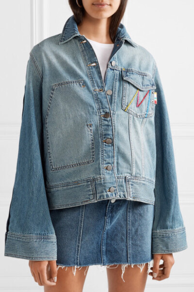 Mira Mikati 系列富有青春魅力和诙谐趣意，其中的卡通风印花元素和表情符号刺绣则洋溢着怀旧气息。这款浅水洗色牛仔夹克颇具 90 年代韵味，正面看来简单，转身则可见彩虹色纽扣，以及自 “Late” 刺绣贴花上倾泻而下…