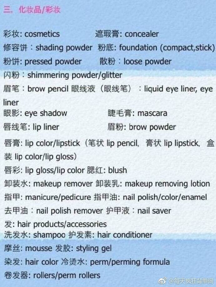 各种化妆品、护肤品、彩妆产品、化妆工具大全，出国血拼必备！ moisturizer 润肤膏；facial cleanser 洗面奶；shaving cream 剃须膏；body lotion 身体乳；toner 化妆水；perfume香水；skin milk乳液；compact带镜粉盒；powder puffs粉扑；blush brush胭脂扫；brow template描眉卡... ​