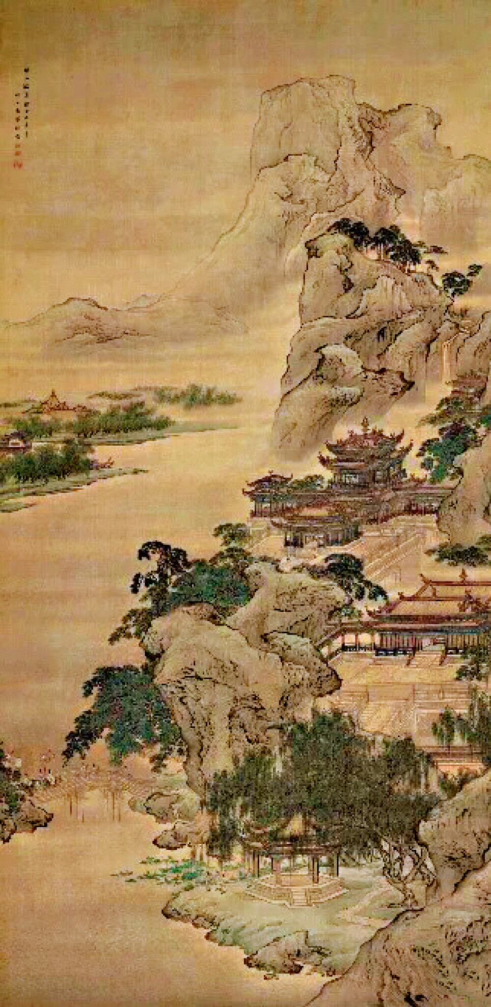 清 袁耀《骊山避暑》 立轴
尺幅：240厘米×118.1厘米。袁耀，约活动于乾隆中期，以界画见长。此画描绘唐明皇前往骊山华清宫避暑消夏的情景，袁耀将传统建筑画与院体山水巧妙相融，其华丽精致的风格为清初扬州工致流派的典型代表。