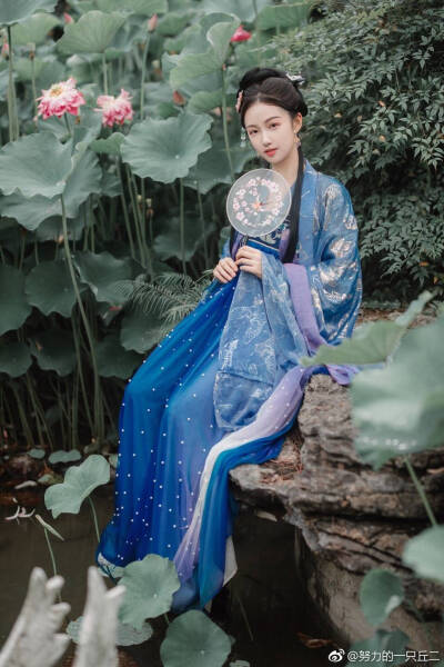 陆上百花竞芬芳
碧水潭泮默默香
不与桃李争春风
七月流火送清凉。
摄影：@努力的一只丘二
#汉服写真##杭州约拍# ​