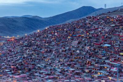 Top view night scene at Larung gar (Buddhist Academy) in Sichuan, China