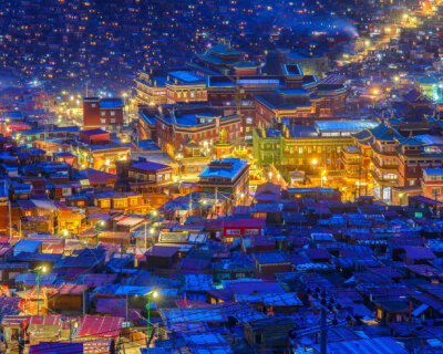 Top view night scene at Larung gar (Buddhist Academy) in Sichuan, China