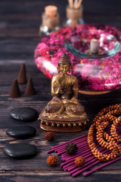 aromatherapy and spa. Buddha statue, stone massage and incense sticks