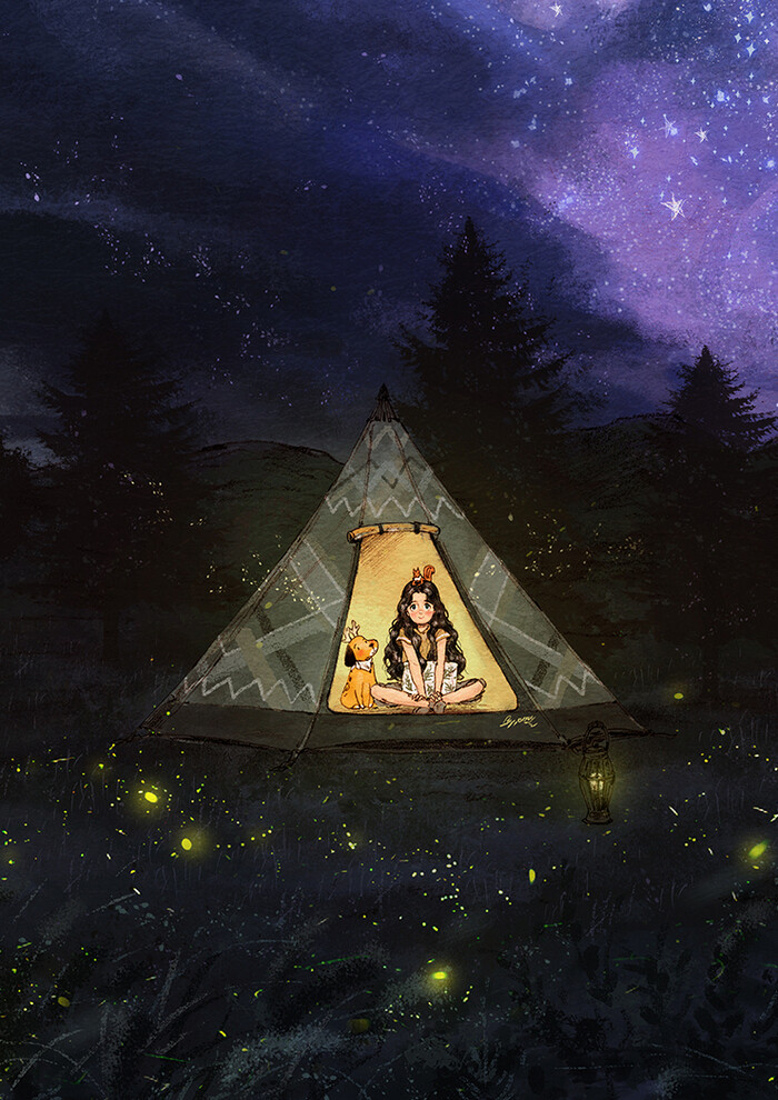 仲夏夜之野营 ~ 来自韩国插画家Aeppol 的「森林女孩日记-2018」系列插画。