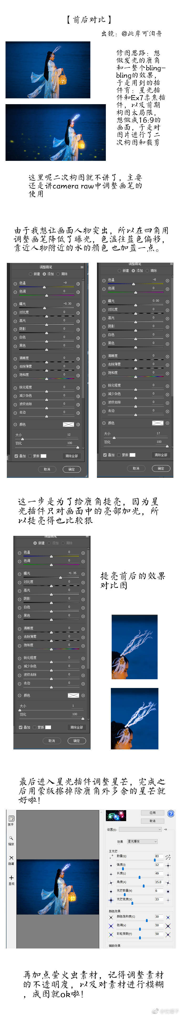 ￼摄影技巧 ￼摄影教程 ￼摄影教程解密
【古风摄影中如何简单粗暴地换发色】
【Camera raw滤镜中调整画笔的使用方法】
想写这个教程好久了，终于在熬夜之下孵了出来，第一次写教程，大家多多包涵。
cr：忱瑾子