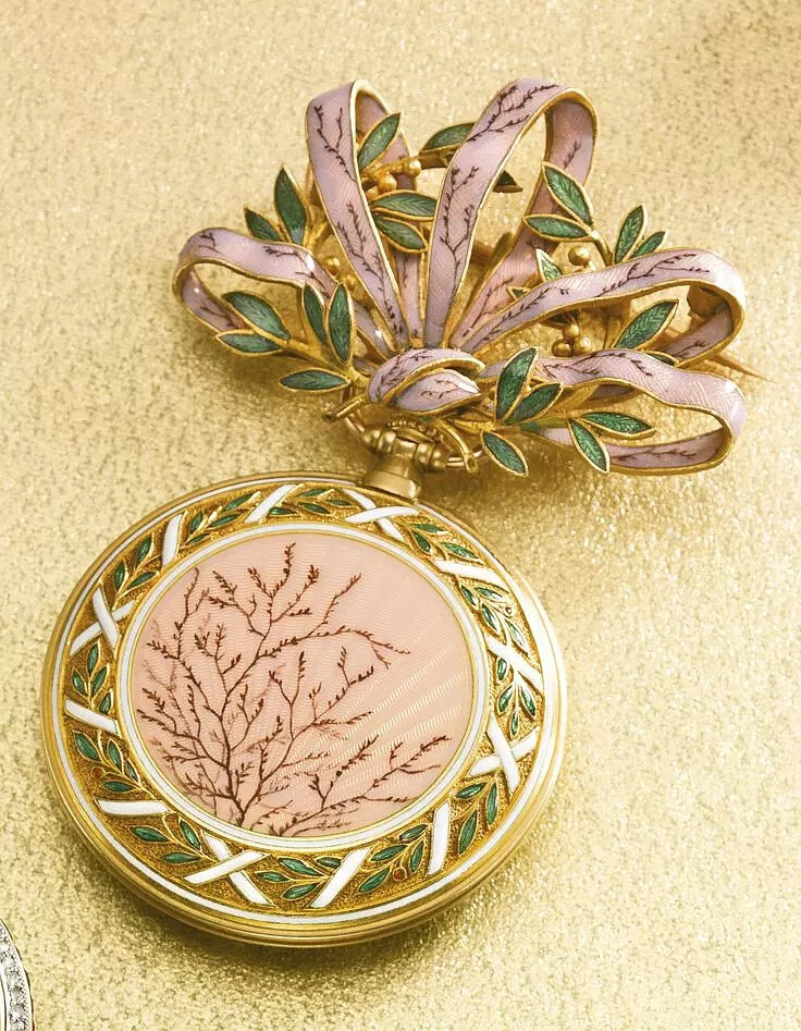 Swiss A FINE YELLOW GOLD AND ENAMEL PENDANT WATCH WITH BROOCH CIRCA 1890