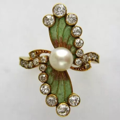 An Art Nouveau enamel, pearl and diamond ring, circa 1890