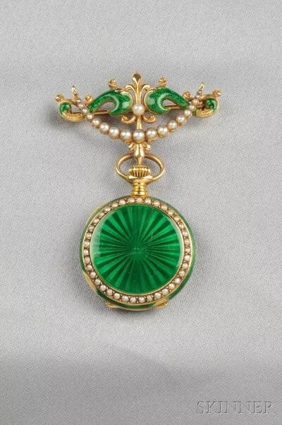 Edwardian 14k Gold and Enamel Pendant Watch, the green guilloche enamel dial with Arabic numeral indicators and seed pearl bezel