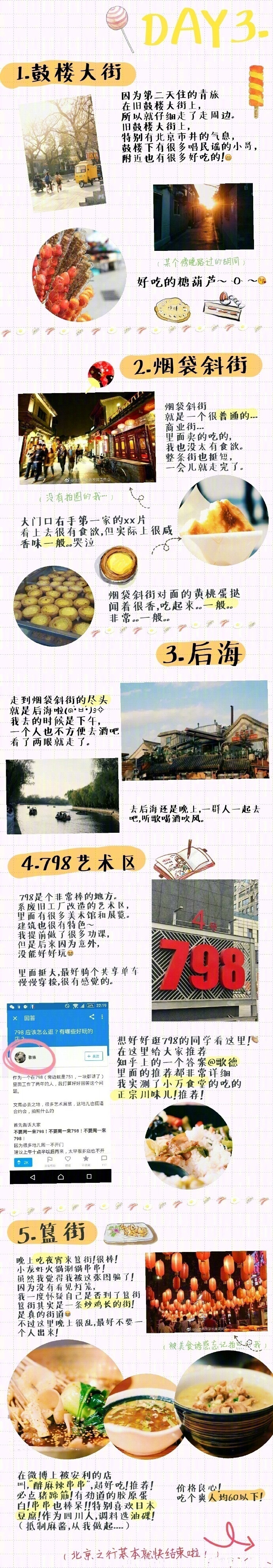 ※ 【北京四日自由行攻略】P1：一个人出游的准备P2-3：京城超美青旅测评(???? ???)P4：Day1-天安门/故宫/南锣鼓巷P6：Day2-雍和宫/五道营胡同/颐和园P7：Day3-鼓楼大街/烟袋斜街/后海798艺术区/簋街P8：Day4-世贸天阶/返程 ? ????整理：想碎觉的狗哥 ? ????