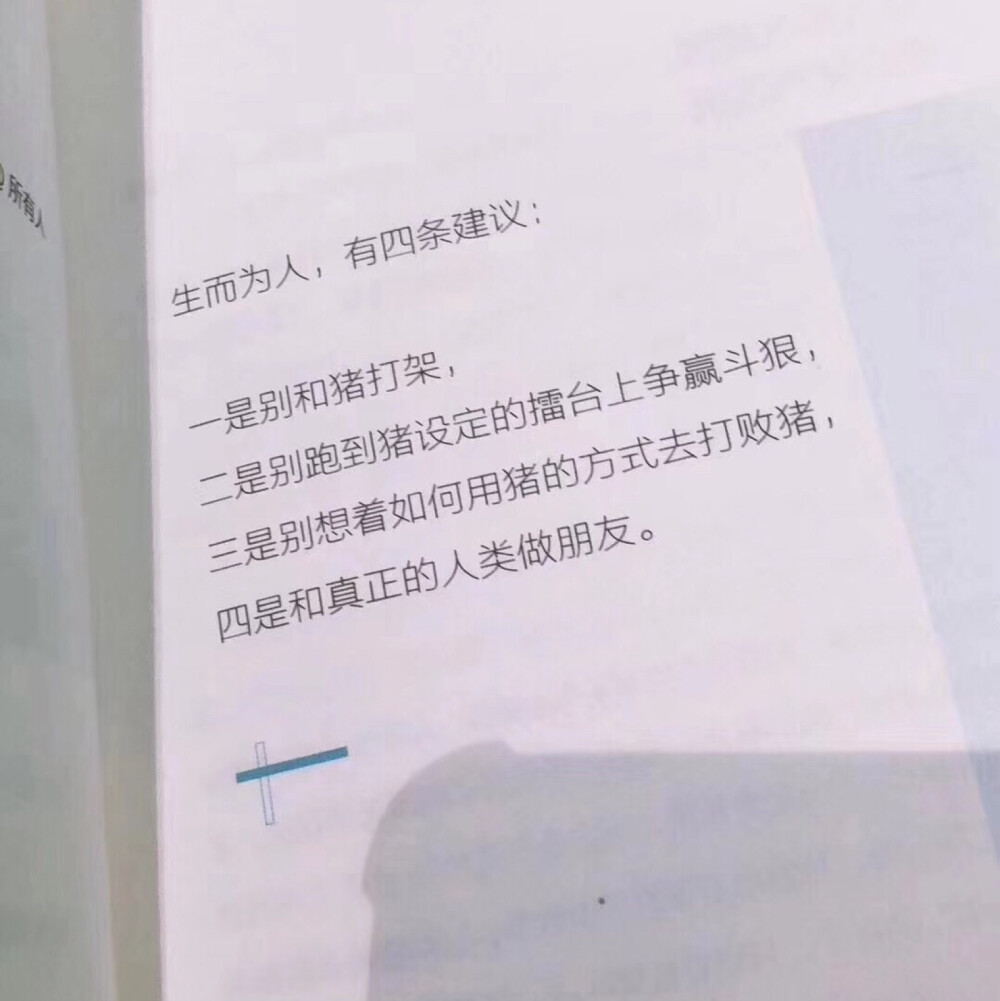 生而为人，有四条建议：一是别和猪打架，二是别跑到猪设定的擂台上去争赢斗狠，三是别想着如何用猪的方式去打败猪，四是和真正的人类做朋友。