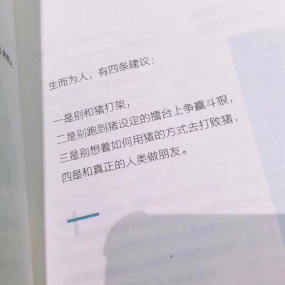 生而为人，有四条建议：一是别和猪打架，二是别跑到猪设定的擂台上去争赢斗狠，三是别想着如何用猪的方式去打败猪，四是和真正的人类做朋友。