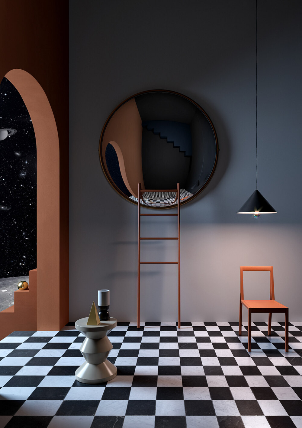 INSIDE ART // M.C. ESCHER AND RENE' MAGRITTE : The concept is to create different set inspired by artists like Magritte and Escher that resume the mood and the colors of their works reinterpred in a modern and 3d way