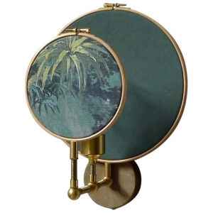 For Sale on 1stdibs - Circle blue grey wall sconce, Sander Bottinga Handmade in brass, leather, wood and hand printed and painted linen. A dimmer is inlaid with leather. Also