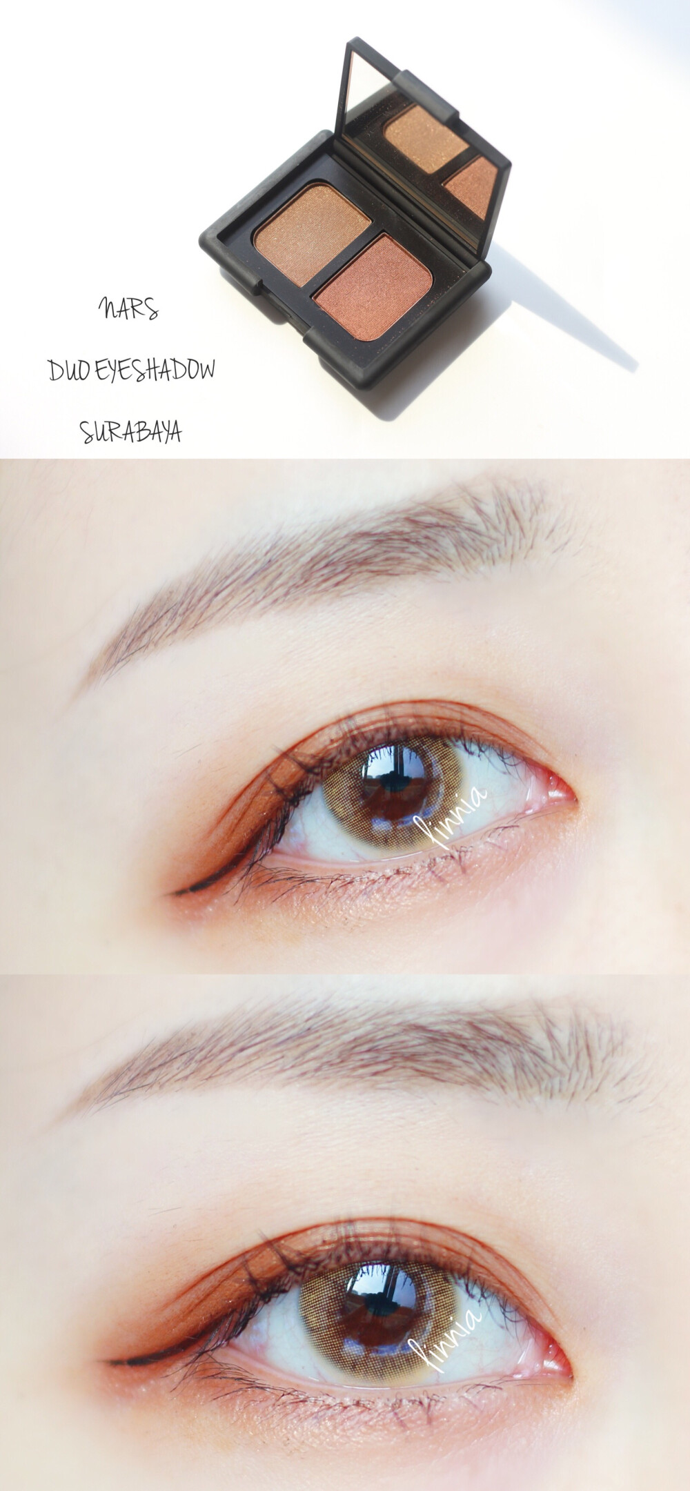 ►NARS
►DUO EYESHADOW
三盘大地色系NARS眼影试色，都是非常日常不会出错又好携带的盘。
简单的双色画起来也不麻烦，就用最基础的渐层来涂，新手也好上手。
▸SURABAYA，带一点红棕调，上眼发暖但是很显眼睛深邃！
▸ISOLDE，基本上婚礼跟妆师人手必备的一盘，珠光是这三盘里面最明显的，但是很细腻，上眼非常柔和。
▸CORDURA，被秃九种的草，可怎么也画不出她的感觉，冷调棕，有一种迷离的朦胧感，是这里面我最喜欢的一盘。瞬间大眼，但那块深棕色用不好会有一点点显脏。