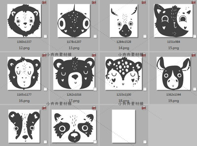 黑白线稿卡通动物猫狗鹿大象熊斑马头像PSD AI PNG设计素材png342