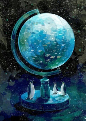 插画 玻璃杯 冰 北极熊 企鹅 blingbling亮晶晶