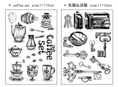 手帐透明印章透明硅胶印章复古瓶子咖啡钥匙咖啡机旅行手账印章