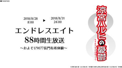 NICO宣布从8月28日起将循环播放『凉宫春日的忧郁』“漫无止境的八月”每话各循环播放88小时，合计共617小时，称为“约1/9077的长门有希体验”此外若错过的话还能使用NICO时光机功能，在9月1日~8日重新观看一遍 ​