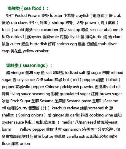 【几乎所有食物的英文翻译】包括水果类、肉类、蔬菜类、海鲜类、主食类、干果类、酒水类、零食类、饭类、面类、汤类、中西餐等的常用英语词汇，建议收藏！注意有一个问题，美式英语里豆浆一般称作Soy milk ​