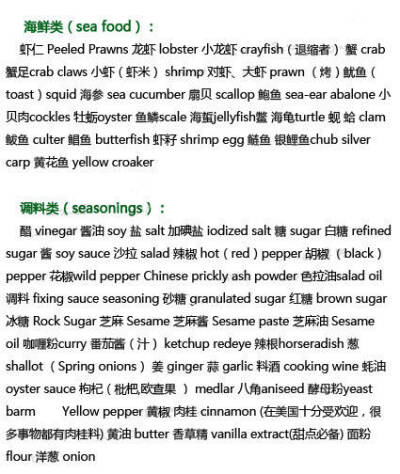 【几乎所有食物的英文翻译】包括水果类、肉类、蔬菜类、海鲜类、主食类、干果类、酒水类、零食类、饭类、面类、汤类、中西餐等的常用英语词汇，建议收藏！注意有一个问题，美式英语里豆浆一般称作Soy milk ​